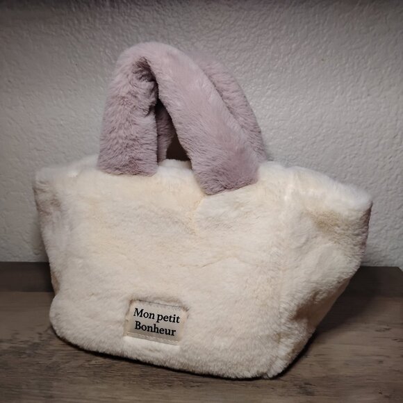 Mon Petit Bonheur Fuzzy Plush Tote Bag — Cozy / Soft Girl / Winter Aesthetic - Picture 1 of 9